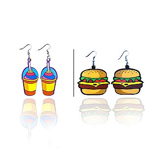 2 Pares de Brincos MDF Carnaval | Burger e Milk Shake