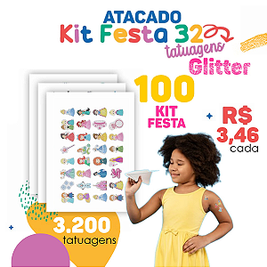 ATACADO | Tatuagem Temporária | 100  Cartelas de Kit Festa 32 Glitter 32 (3200 tatuagens)