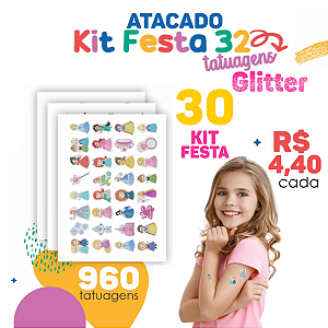 Tatuagem Temporária |   30 Cartelas de Kit Festa 32 Glitter 32 (960 tatuagens)