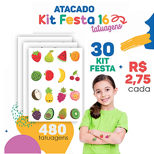 ATACADO | Tatuagem Temporária Infantil | 30 Cartelas de Kit Festa 16 (480 tatuagens)