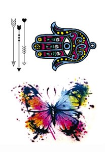 Tatuagem Temporária | Colorida | Borboleta, Mão de Fátima, Flechas