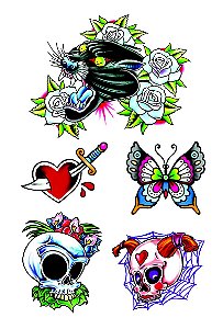 VG001  Pantera com flores, coração com adaga e caveiras