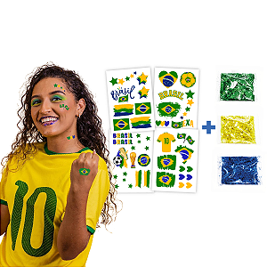 Tatuagem Temporária + Glitter Torcida Copa do Mundo | Futebol Verde e Amarelo