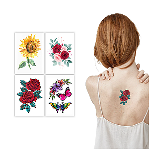 Kit Tatuagem Temporária Flor Rosa Girassol Borboleta 4 Cartelas
