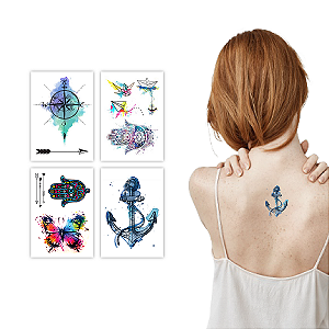 Kit Tatuagem Temporária Aquarela Feminina 4 Cartelas Banca