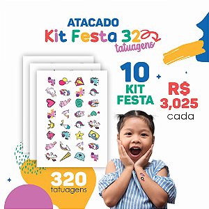 ATACADO | Tatuagem Temporária Infantil | 10 Cartelas de Kit Festa 32 (320 tatuagens)