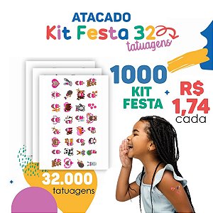 ATACADO | Tatuagem Temporária Infantil | 1000 Cartelas de Kit Festa 32 (32.000 tatuagens)