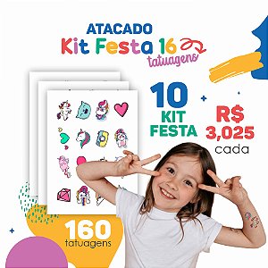 ATACADO | Tatuagem Temporária Infantil |  10 Cartelas de Kit Festa 16 (160 tatuagens)