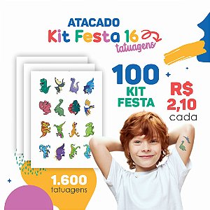 ATACADO | Tatuagem Temporária Infantil | 100 Cartelas de Kit Festa 16 (1.600 tatuagens)