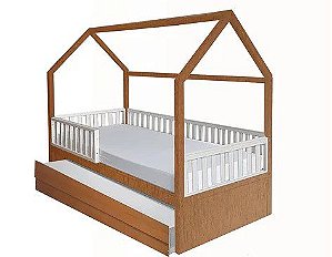 Cama Montessori 4 em 1 Madeira Mel e Grade Branca COM cama auxiliar Puppi