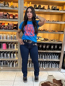 Calça Flare Bordada Flowers Fazendeiros Azul Escura