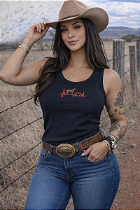 Regata Feminina Fazendeiros Bordada Canelada Preto