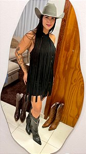 Vestido de Franja Suede Gola Alta Preto