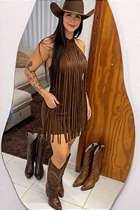 Vestido de Franja Suede Gola Alta Marrom