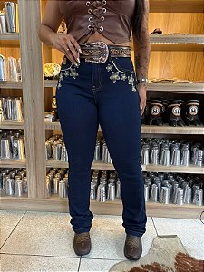 Calça Flare Bordada Flowers By Fazendeiros Azul Black