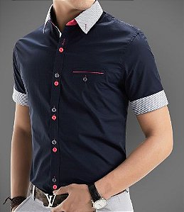 Camisa Social Slim Fit Manga Curta Estilo Britânico