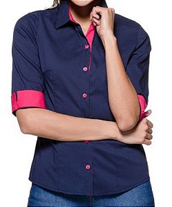 Camisa Social Feminina 3/4 Azul com Rosa | Lojas Norton - Lojas Norton