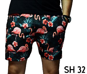 Short Praia Masculino Moda 2019 Flamingo e Folhagem 