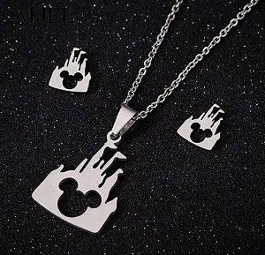 Colar + brinco Mickey castelo aço inox