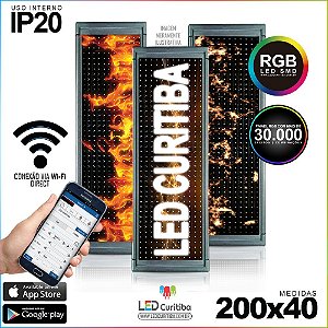 Painel Letreiro de Led 200x40 Pastilha RGB Interno Conexão via Wi-Fi IP20