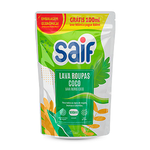 Lava Roupas Líquido Coco Sachê Saif 900Ml, Sabão Líquido Lava Roupa Perfumado, Verde, Suave Com Todos Os Tipos De Tecido