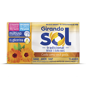 Sabão Em Barra Tradicional Girando Sol 400G, Sabão Tradicional Em Barra Multiuso, Amarelo, Eficiente Na Limpeza Pesada,