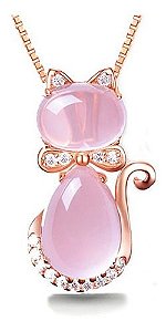 Colar Pigente Gato De Quartzo Rosa