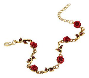 Pulseira Bracelete De Rosa Vermelha Dourada Retro
