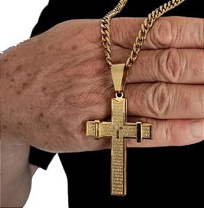 Colar Crucifixo Big Luxo Pai Nosso Banhado a Ouro