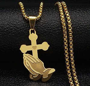 Colar com Pingente Crucifixo Oração Dourado