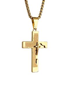 Colar com pingente crucifixo 3D banhado a ouro