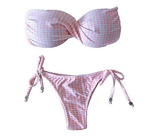 Biquíni tomara que caia vichy  rosa calcinha lacinho