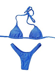 Biquíni lurex azul asa delta fio dental cortininha