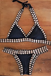 Biquíni Crochê Preto e Bege