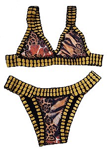 Biquíni Crochê Dupla Face Preto e Animal Print