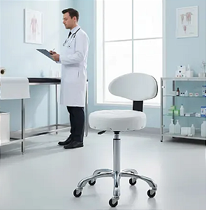 Mocho Soft Encosto Base Aço Dentista Clínica Estética  Estrutura Cromado Assento Branco