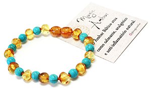 Pulseira de Ambar Mel com Turquesa 16cm