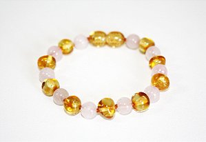 Pulseira/ tornozeleira de Ambar Limão com Quartzo Rosa 14 cm