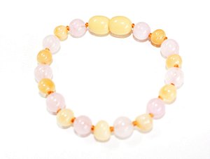 Pulseira/ tornozeleira de Âmbar Manteiga com quartzo rosa 14 cm (cor rara)
