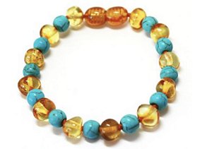 Pulseira/ tornozeleira de Ambar Mel com Turquesa 14 cm