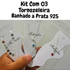 kit 3 Tornozeleira feminino folheado a Prata 925 com Pingente