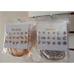 Cartela de Brincos Com 12 pares de brinquinho e argolas banhado a prata 925