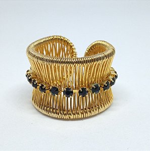 Anel ajustavel dourado com strass pretos