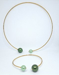 Conjunto colar Shoker e Pulseira - Dourado / verde metálico