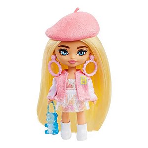 Boneca Barbie Extra Mini Minis Colecionável Loira com Boina Rosa - 10cm