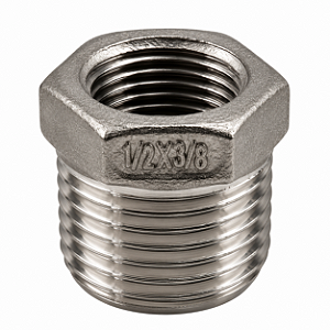 Bucha de Redução Aço Inox 304 – Macho 1/2" BSP x Fêmea 3/8" BSP