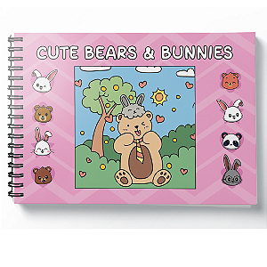 Livro de Colorir Cute Bears & Bunnies, 50 Ilustrações, Capa Dura Rosa com Folha de Acetato, Papel Alta Gramatura Capa dura