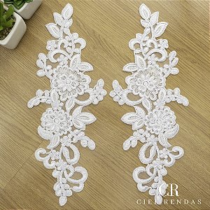3 Pares da Aplicação 3D Tule Bordado Branca com Sutache CH-1895 (12,5cm - 33,5cm)