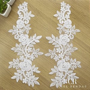 Aplicação Tule Bordado Branca com Sutache CH-1134 (17,0cm - 39,0cm)(3 pares)