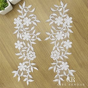 Aplicação Tule Bordado Branca com Sutache CH-1500 (11,0cm - 33,5cm)(6 pares)